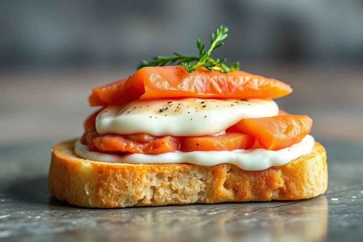 Pan de soja crujiente con salmón ahumado y crema de mostaza