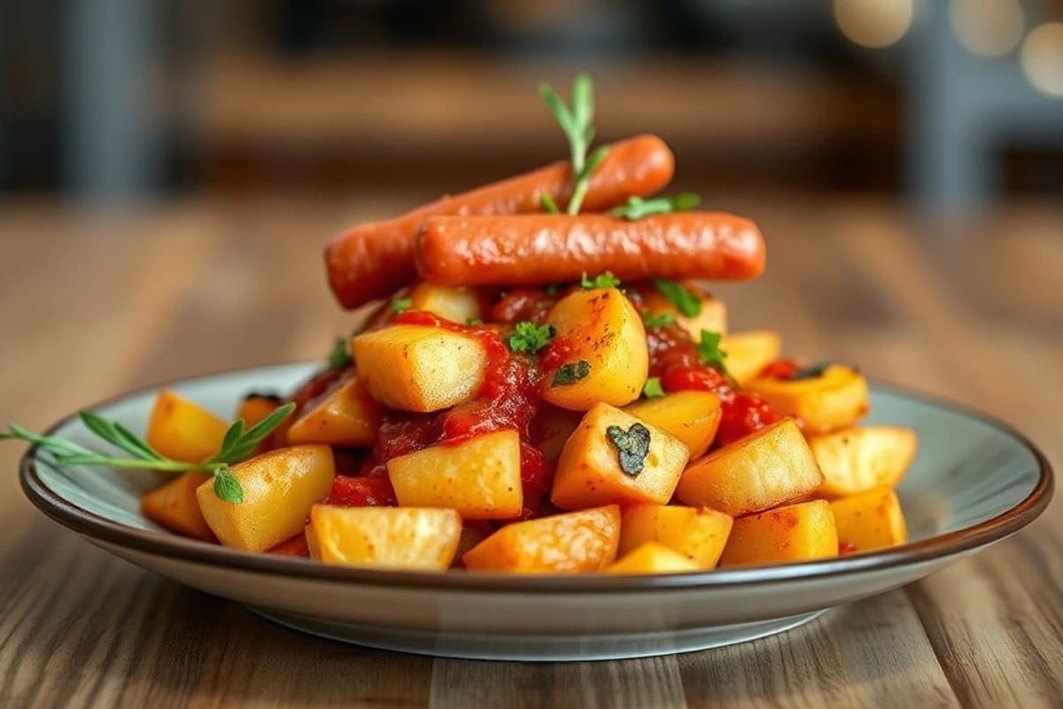Patatas bravas al horno con salsa romesco casera y chorizo ibérico