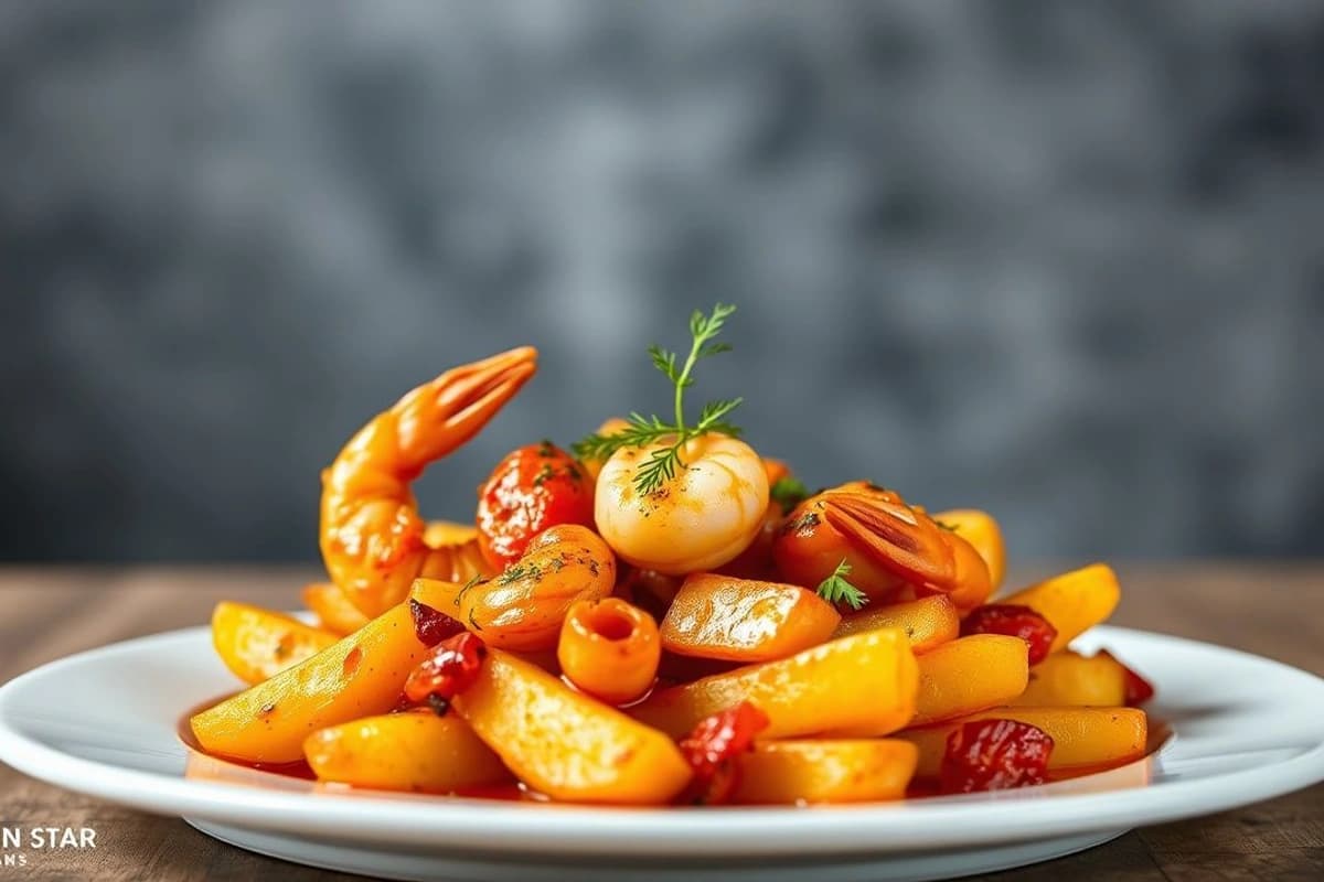 Patatas bravas con gambas al horno, salsa romesco casera y eneldo fresco