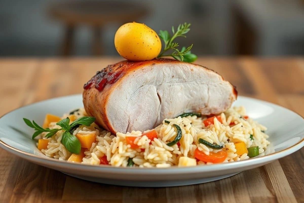 Pernil de cerdo asado con manzanas y jengibre, servido con arroz de bambú y verduras al vapor