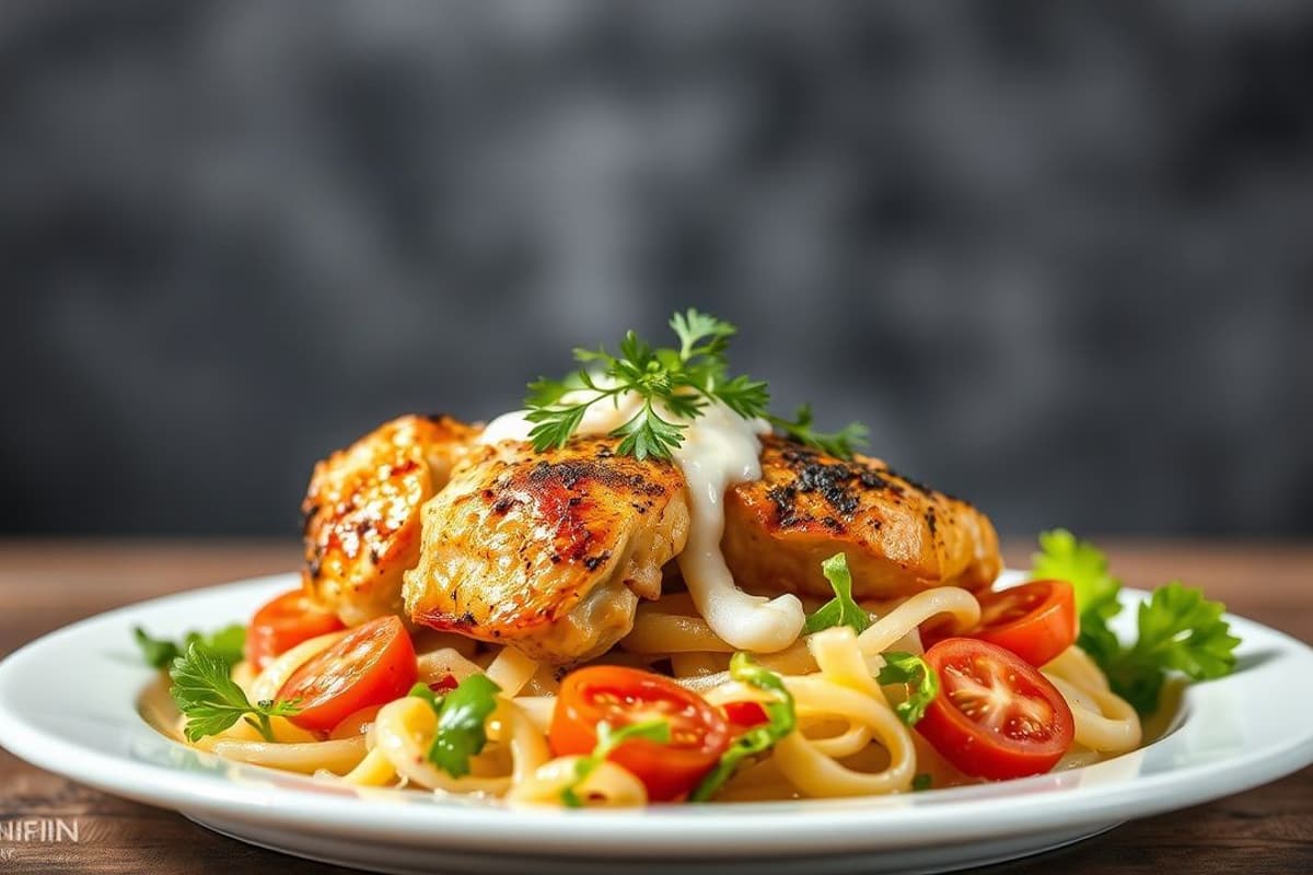 Pollo a la plancha con ensalada fresca y cremosa