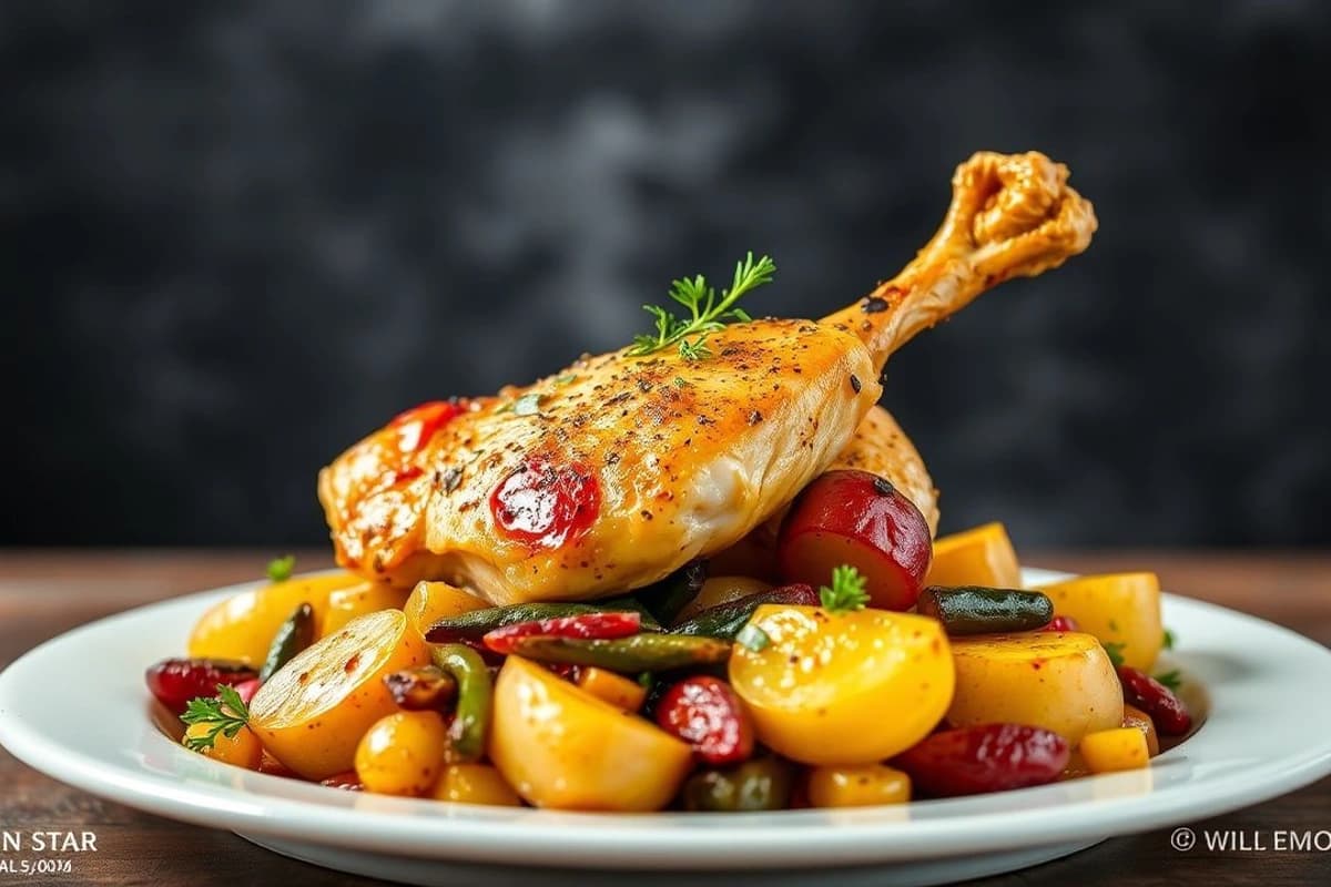 Pollo al Ajillo con Patatas Arrugadas y Verduras a la Parrilla