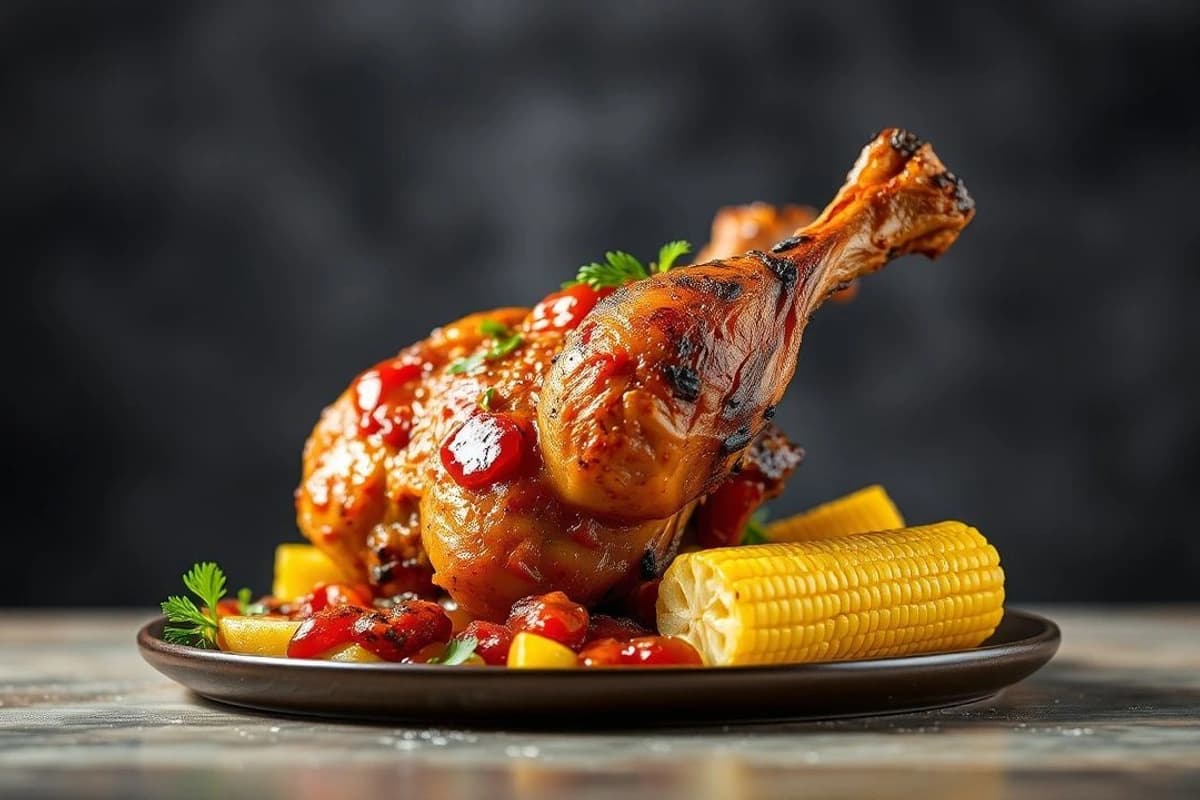 Pollo al Carbón con Salsa BBQ Casera y Brotes de Maíz Crujientes