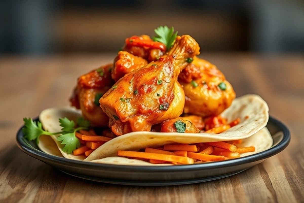 Pollo al chipotle y kimchi con tortillas de maíz crujientes