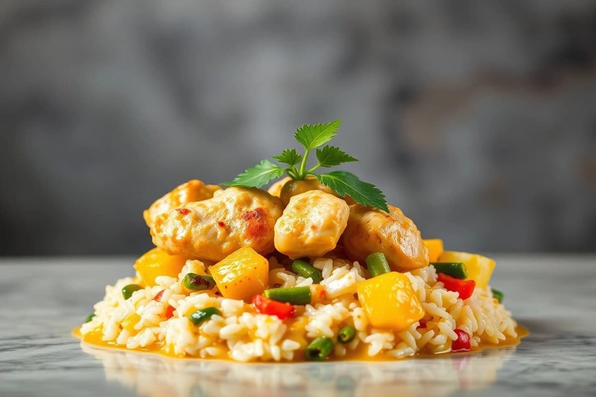 Pollo al Curry de Coco con Arroz Glutinoso y Verduras Frescas: Un Viaje a la Cocina Vietnamita