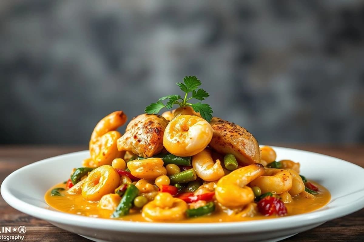 Pollo al Curry de Coco con Gambas y Verduras Mixtas en Tazón de Bambú