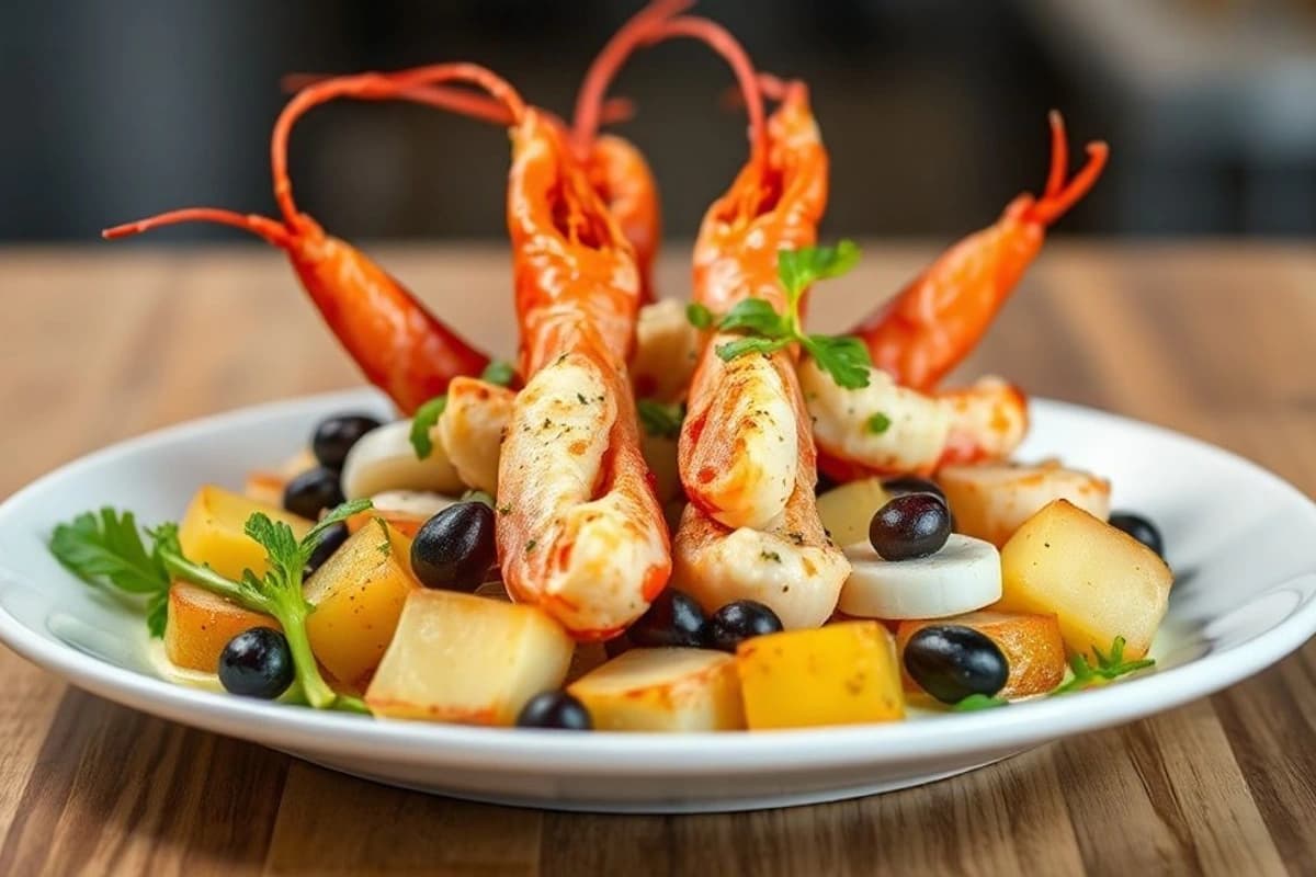 Salad de langostinos gratinados con patatas asadas y aceitunas negras