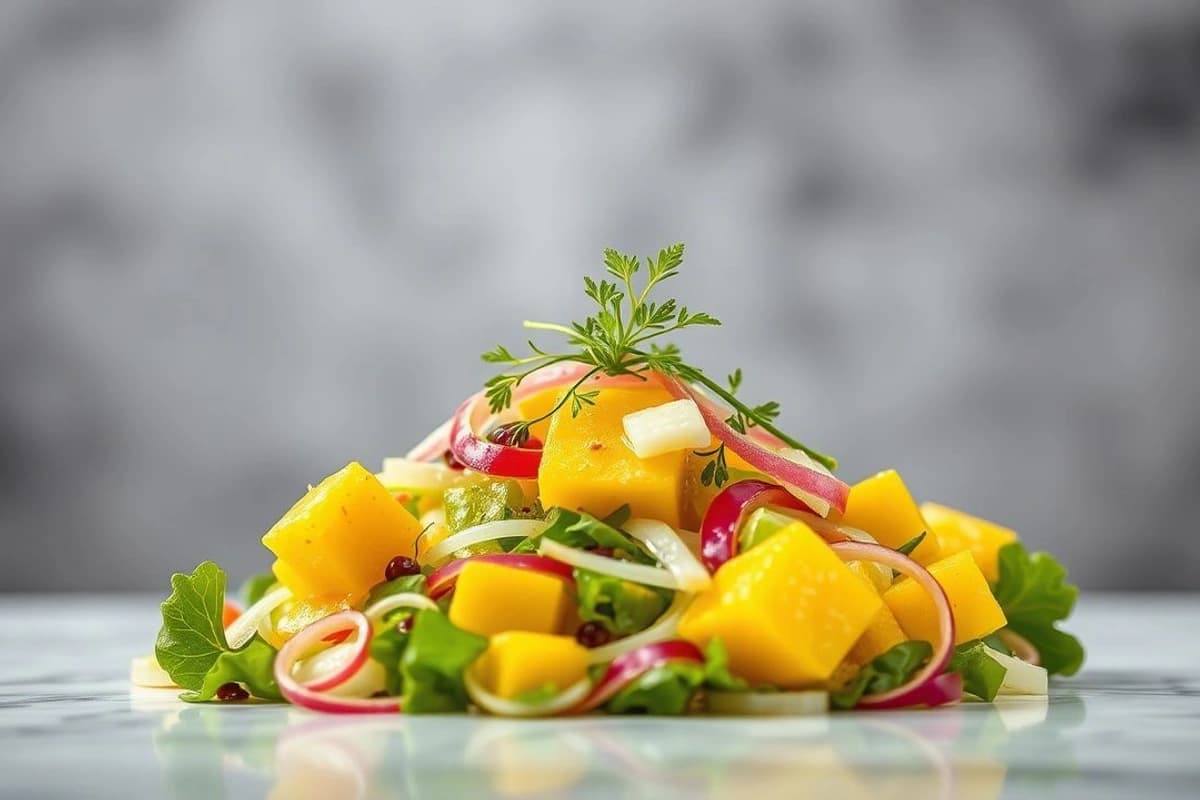 Salada de Quimbombó Crujiente con Pepino y Mango Fresco