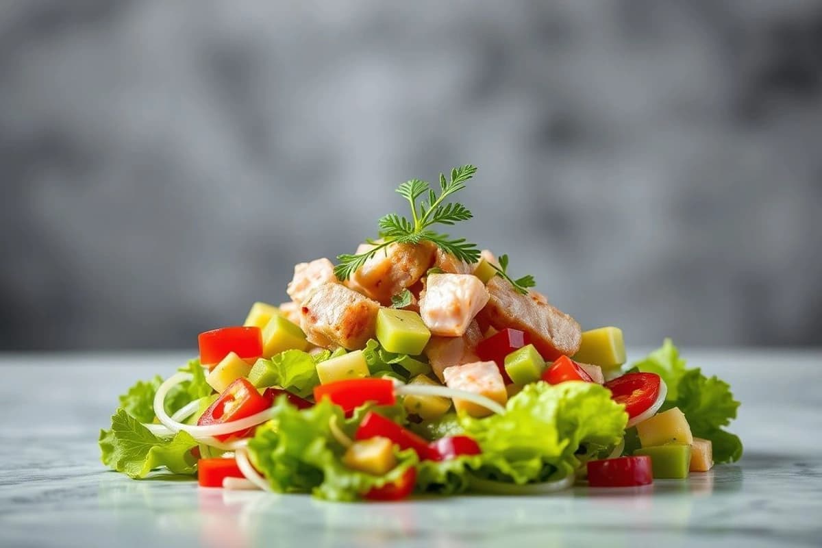 Saladilla de atún fresco con pimientos rojos asados y aguacate crudo