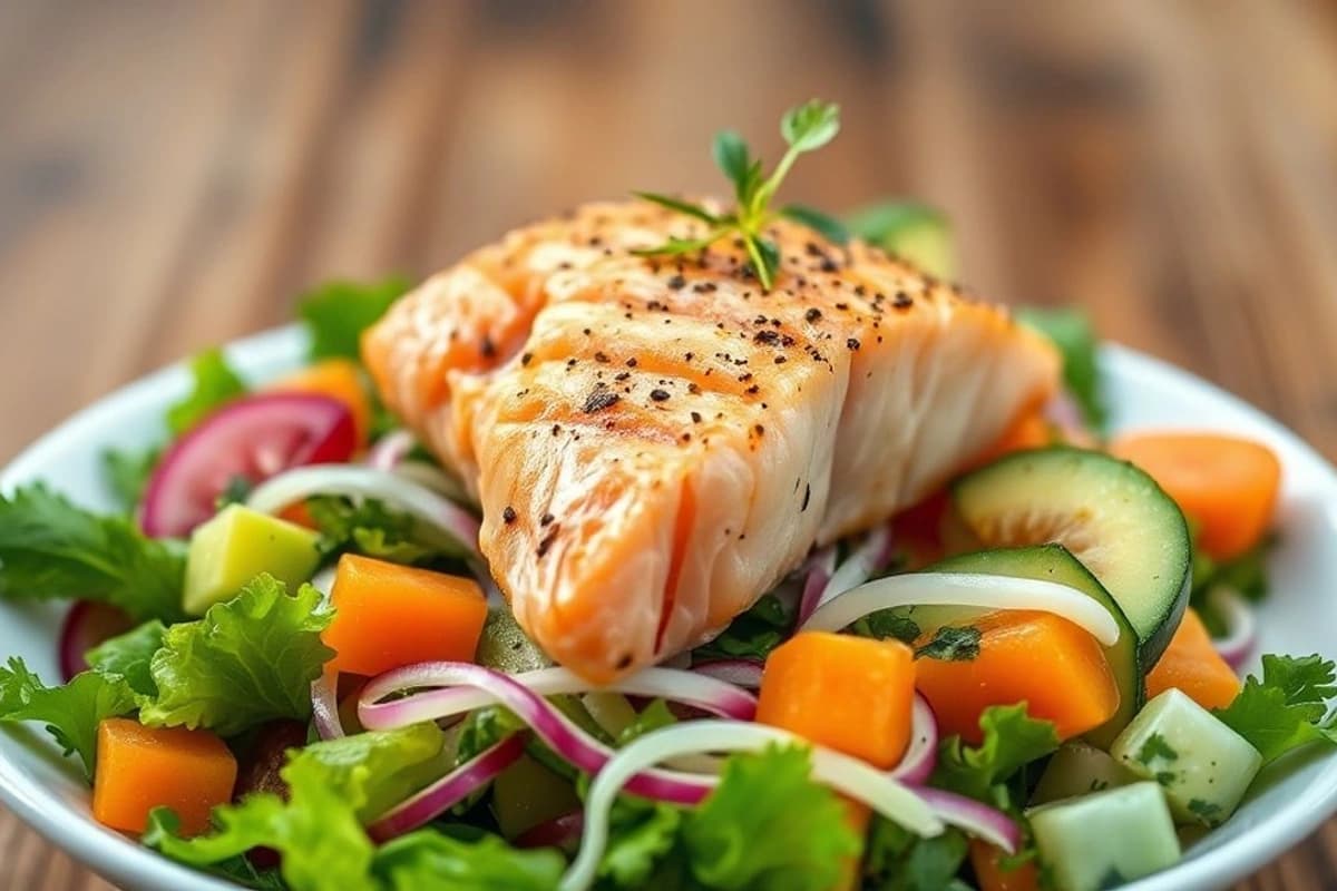 Salmón al centro de una ensalada de espinacas frescas, zanahorias asadas y aguacate crudo