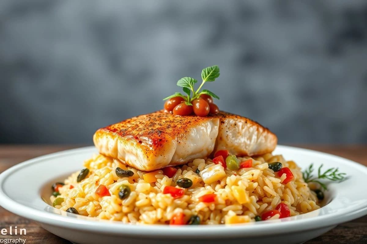 Salmon al horno con salsa de coco y betel, servido con arroz de coco y verduras asadas