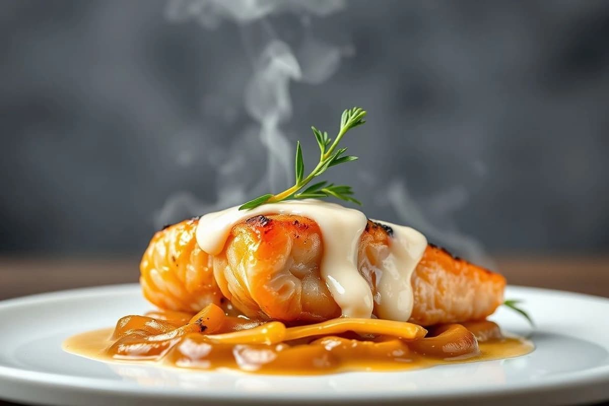 Salmón al vapor con crema de leche y cebolla caramelizada: un postre cremoso y fragante