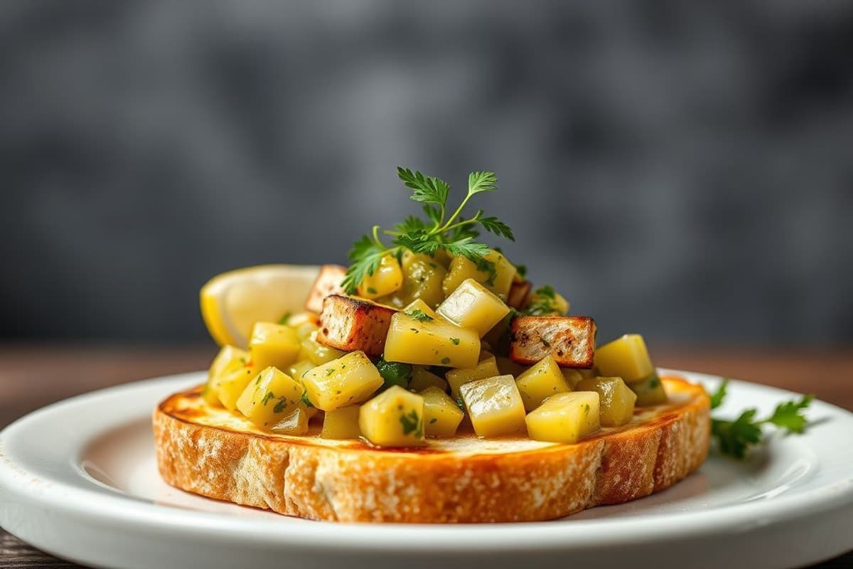 Salsa de aguacate y jengibre con tofu a la parrilla, servida con pan tostado de centeno
