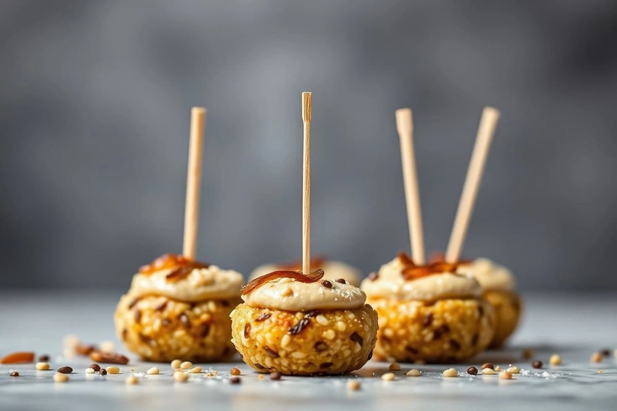 Sesame Bites jugosos con cebolla caramelizada, zanahoria crujiente y hummus casero