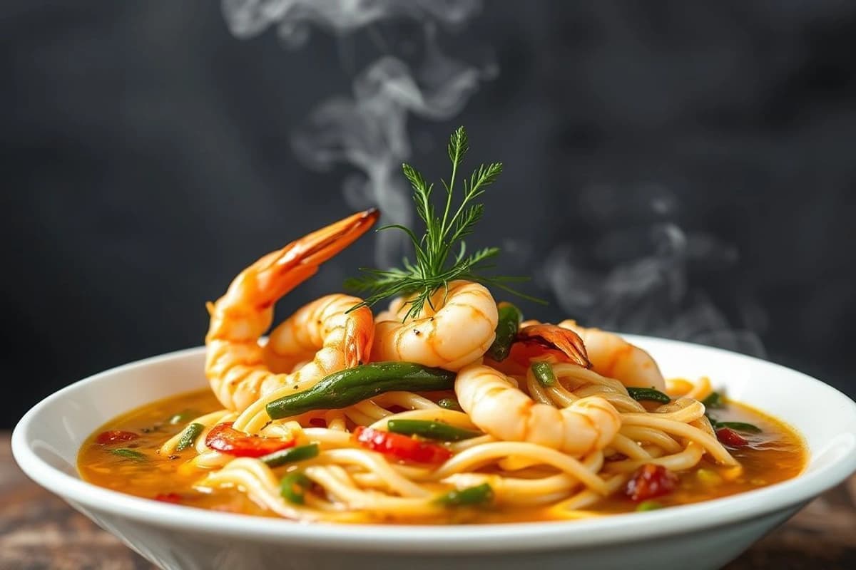 Soba al vapor con gambas asadas, verduras de temporada y salsa de soja casera