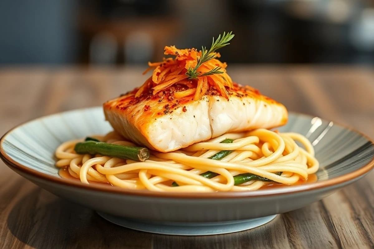 Soba al vapor con salmón fresco y jengibre picado