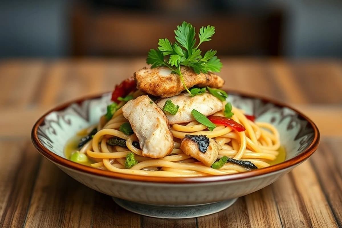 Soba Tailandesa al Wok con Pollo a la Parrilla y Pesto de Cilantro Fresco