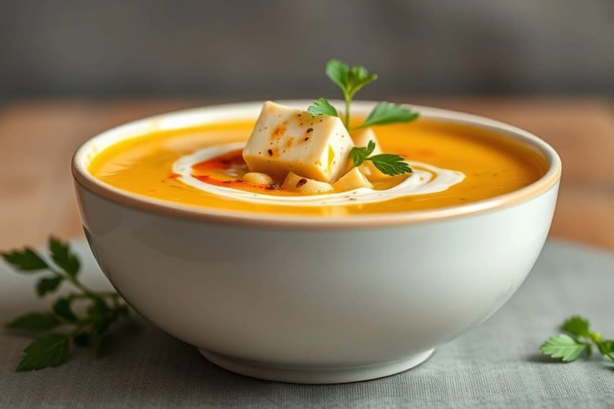 Sopa de Calabaza con Tofu y Soja, aromatizada con ajo y tomillo
