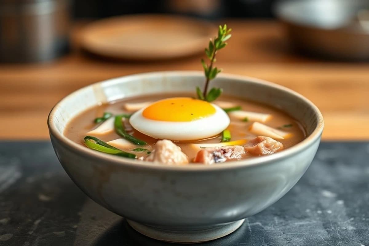 Sopa de cerdo y verduras con dashi y huevo poché: una experiencia culinaria japonesa sobre la mesa