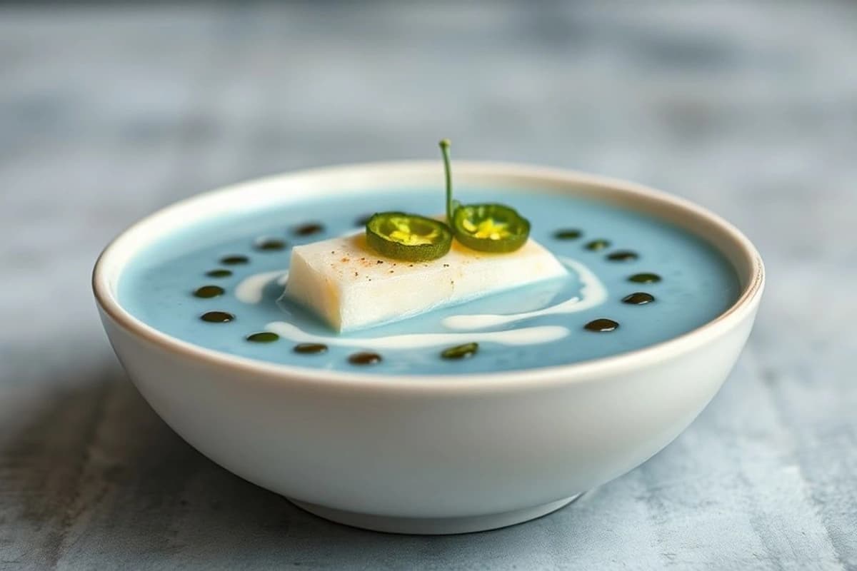 Sopa de Coco de Pescado Azul con Leche de Coco Fresca y Pimienta de Cayena
