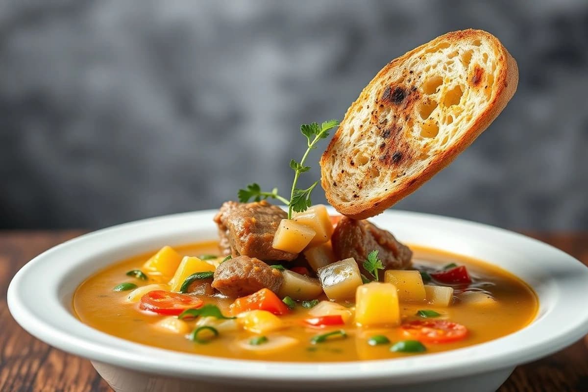 Sopa de cordero galés cremosa con verduras frescas y pan crujiente