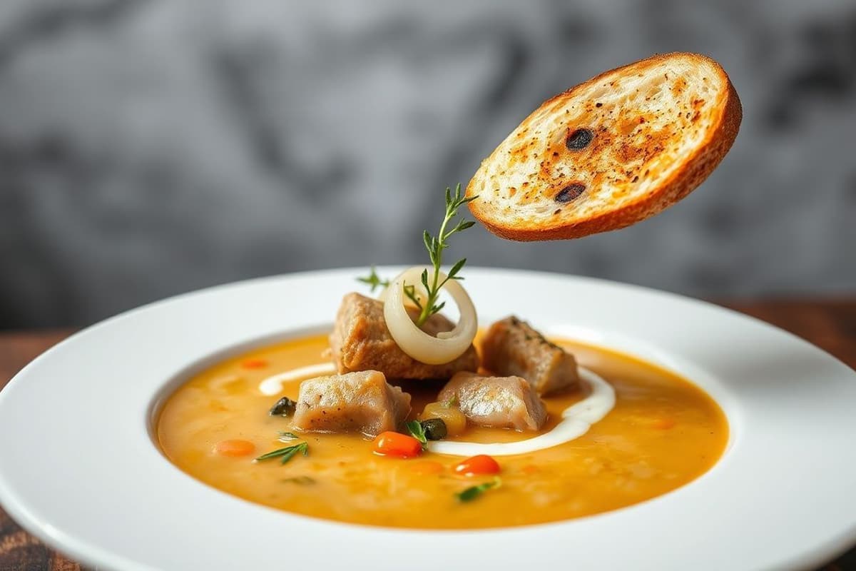 Sopa de cordero y vegetales con crema de ajo, servida con pan croutón tostado