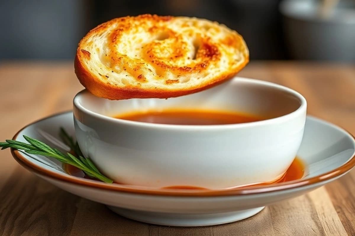 Sopa de lentejas cremosa con chorizo español, cebolla caramelizada y pan crujiente