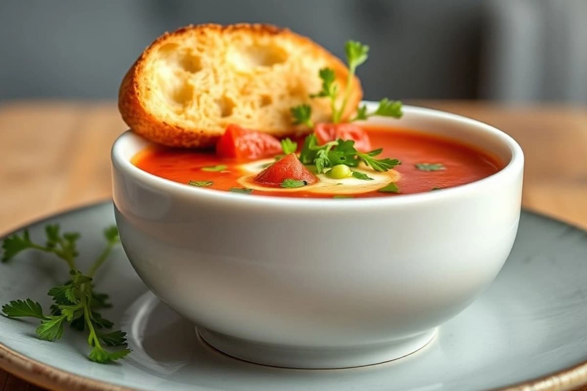 Sopa de lentejas rojas británica con verduras frescas y pan crujiente