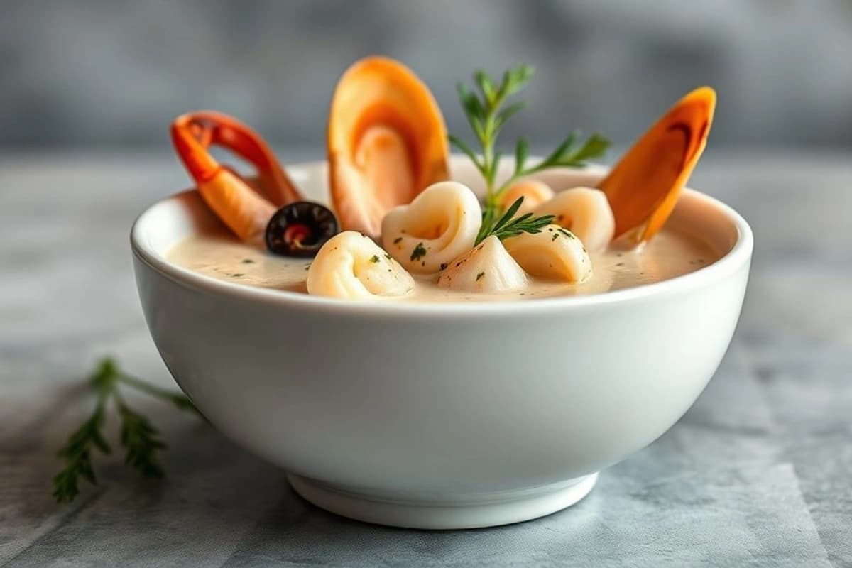 Sopa de Mariscos al Vapor con Calabacín y Leche de Coco