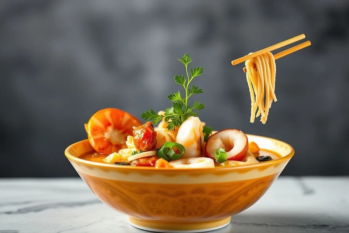 Sopa de Noodle Tailandesa con Mariscos Frescos y Lechuga de Río