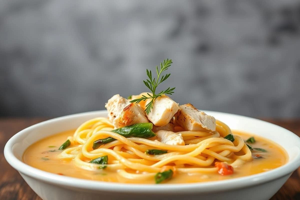 Sopa de Noodles de Arroz con Pollo Blanco y Verduras de Invierno