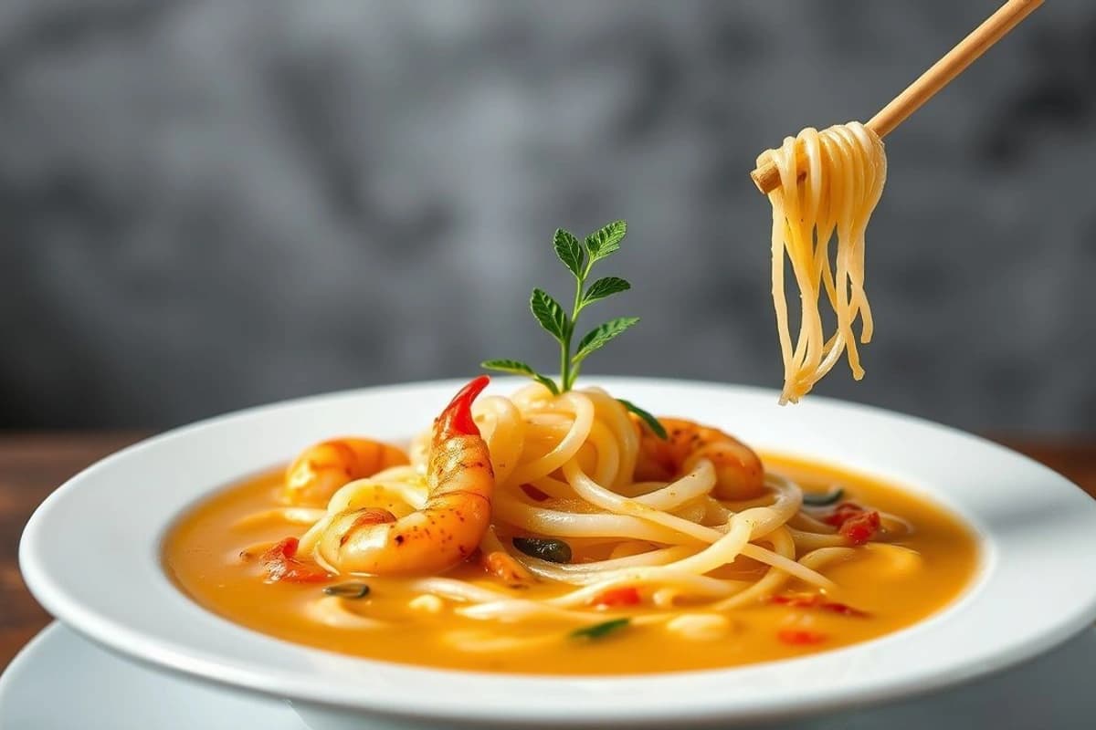 Sopa de Noodles de Coco con Gambas y Tamarindo: un Plato Tailandés para una Cena Romántica