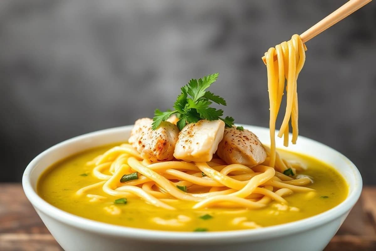 Sopa de Noodles Tailandesa con Fideos de Arroz y Pollo Blanco Marinado en Curry Verde