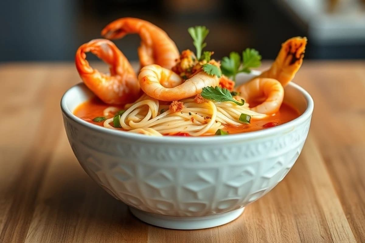 Sopa de Noodles Tailandesa con Mariscos Fritos y Salsa de Tamarindo Casera