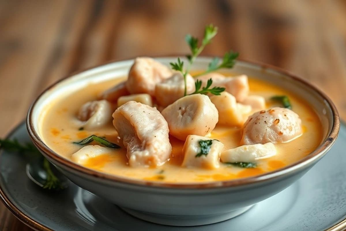 Sopa de pollo coreana cremosa con verduras de temporada