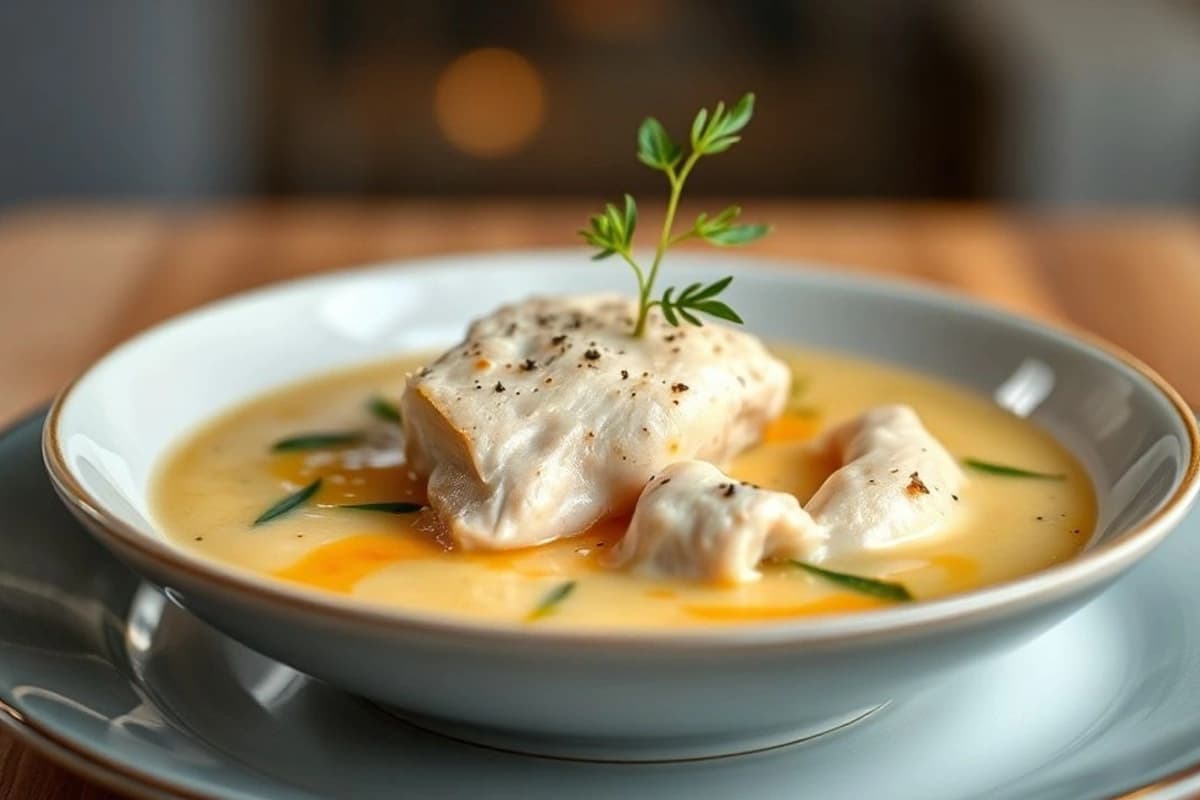 Sopa de pollo sous vide con verduras de jardín y miel de acacia