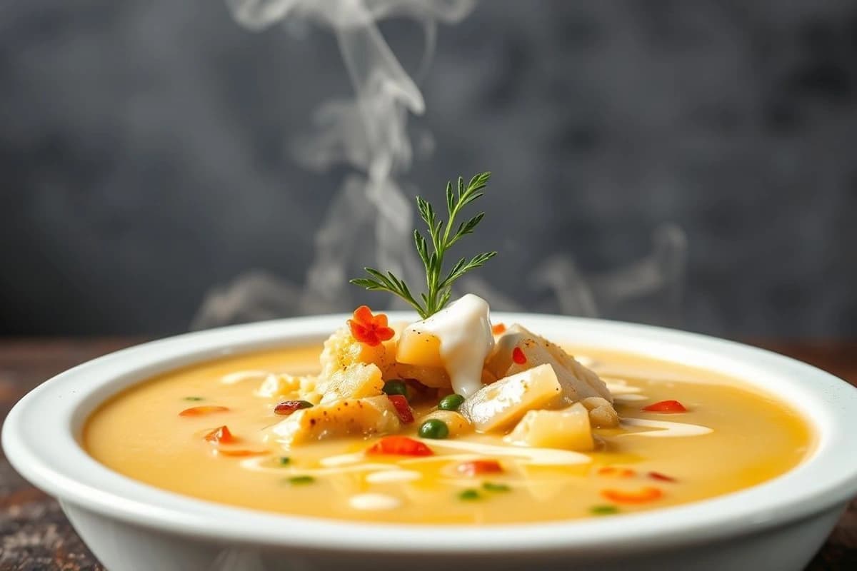 Sopa de pollo y verduras al vapor con crema de leche y especias