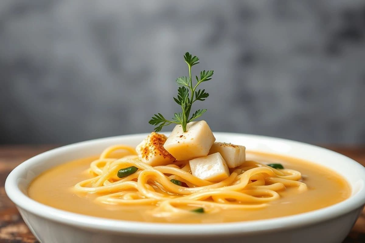 Sopa de Tofu y Soja con Fideos de Arroz y Brotes de Bambú