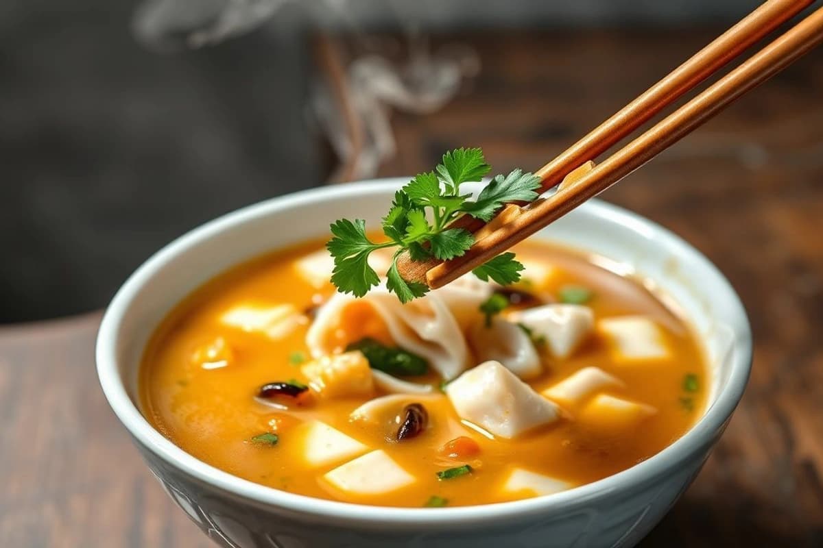 Sopa de udon y tofu en caldo de miso con brotes de soja y cilantro fresco