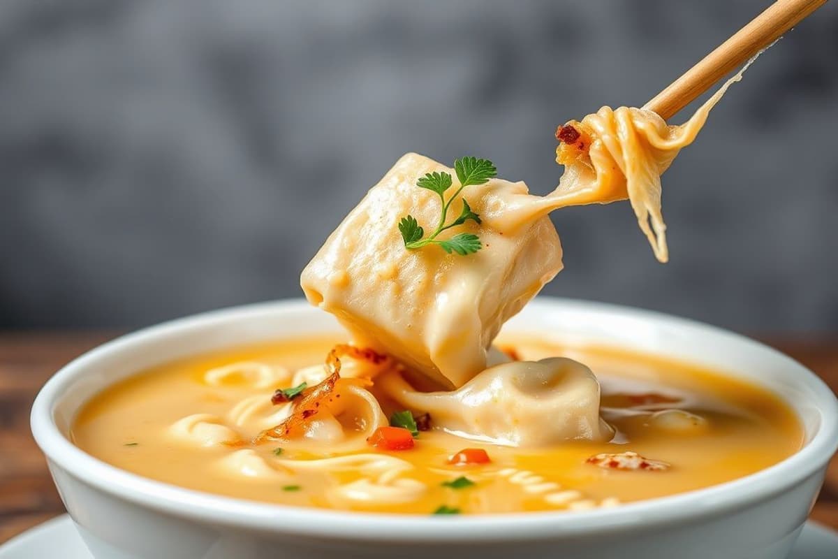 Sopa de Wonton Fusionada con Crema de Maíz y Tofu Silken