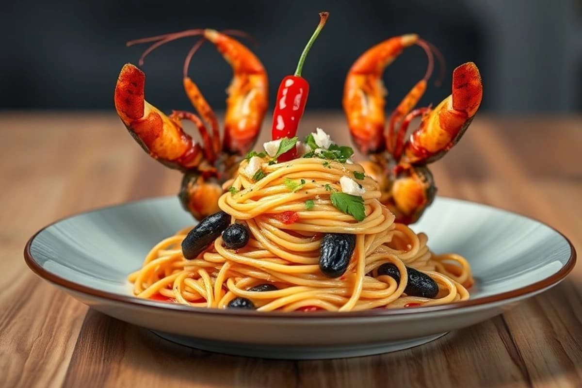 Spaghetti al Mar Negro con Langostinos Gigantes y Pimiento Rojo al Horno