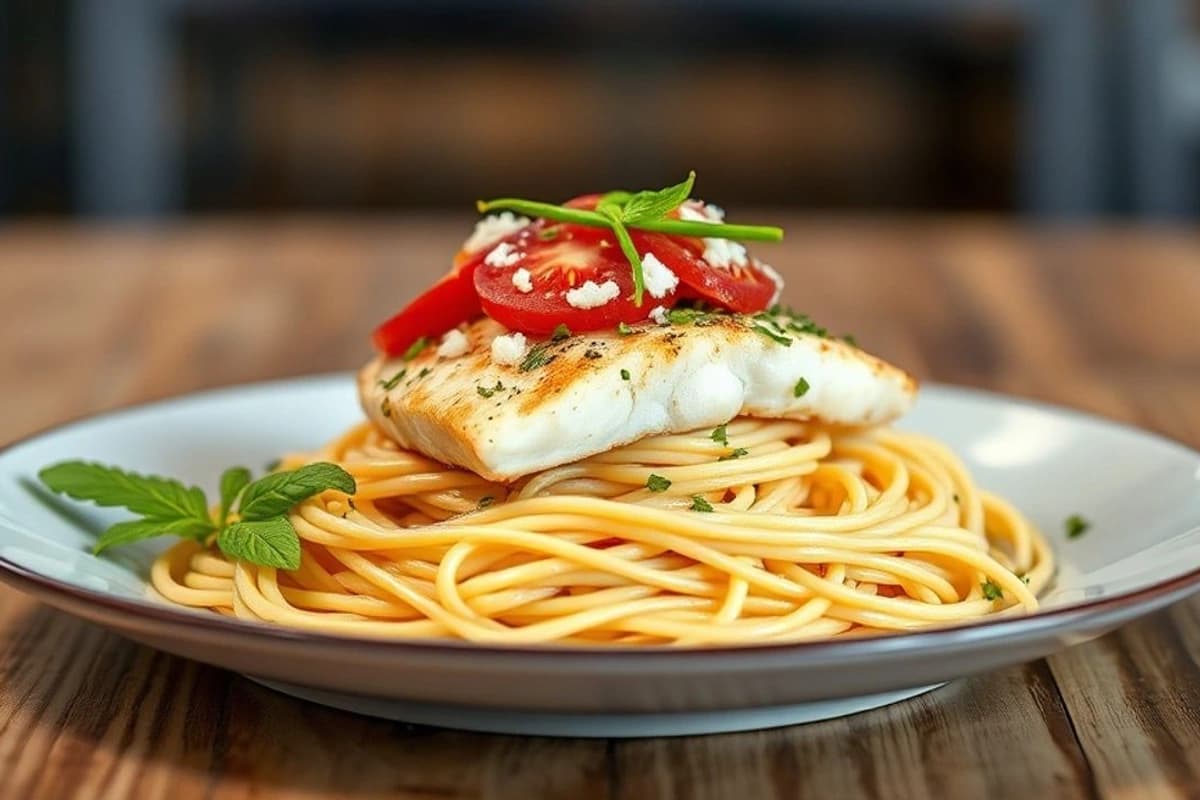 Spaghetti de pescado blanco al grill con salsa de tomate casera y hierbas frescas