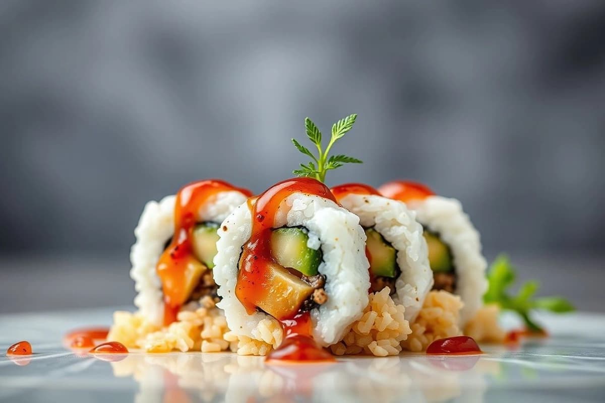 Sushi de atún fresco con arroz caldoso y salsa teriyaki peruana