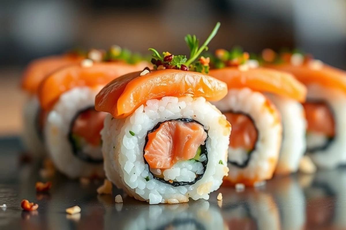 Sushi de Salmón Fresco con Arroz Calienta-Miso y Salsa de Soja Coreana