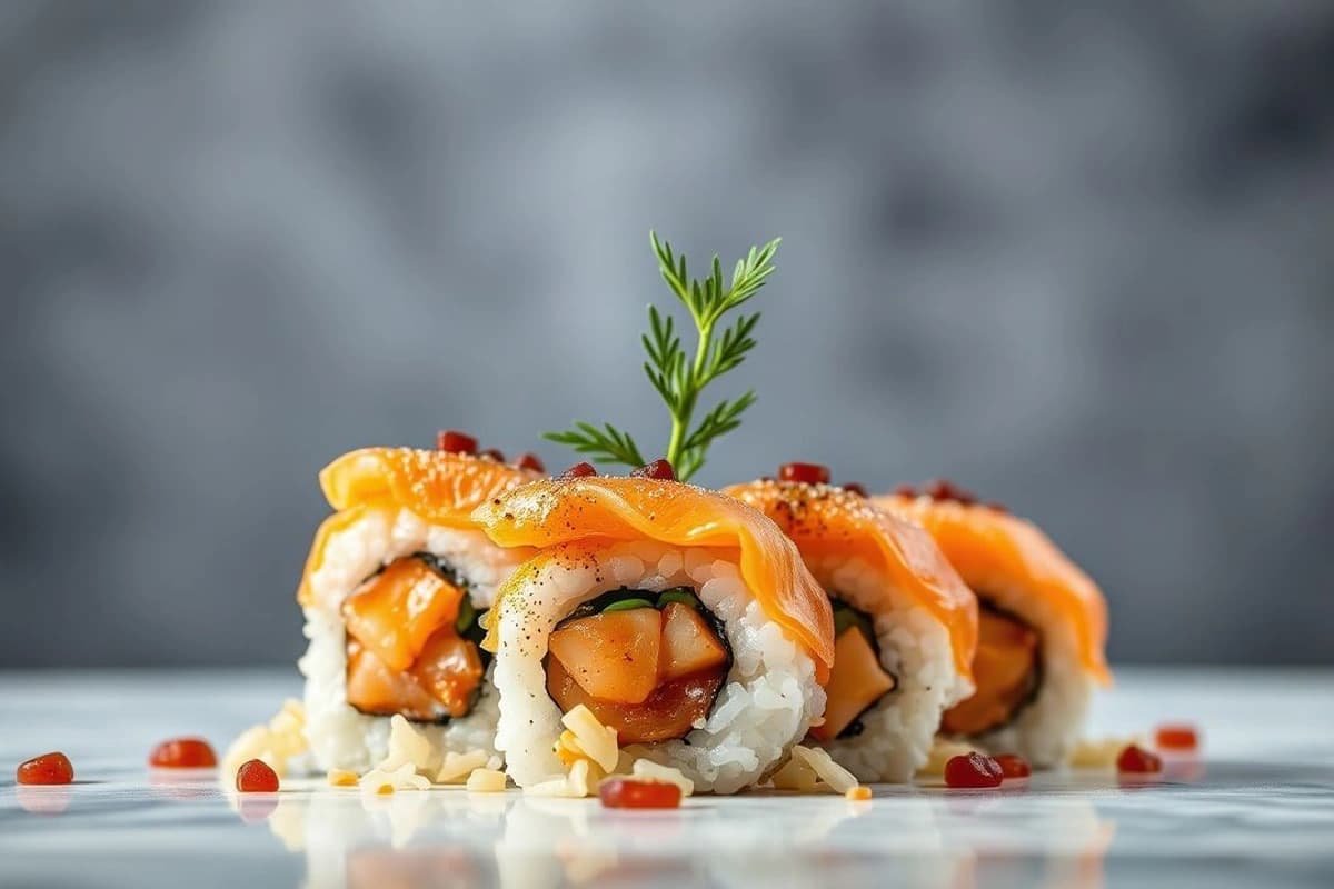 Sushi de Salmón Fresco y Calamares al Vapor con Arroz Japonés y Salsa de Soja Casera