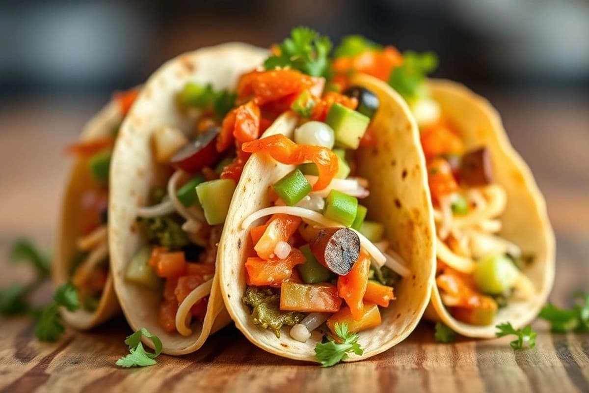 Tacos coreanos de verduras con salsa de aguacate y kimchi crujiente