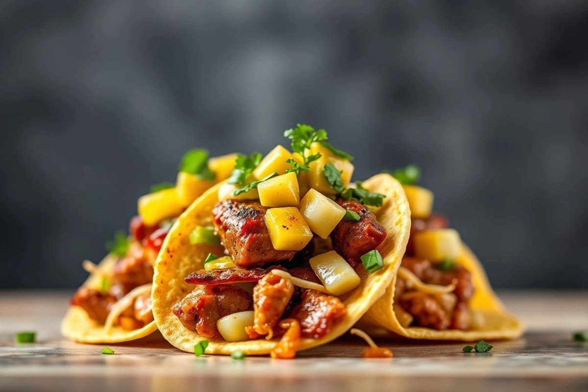 Tacos de cerdo al pastor con salsa de aji amarillo y aguacate fresco