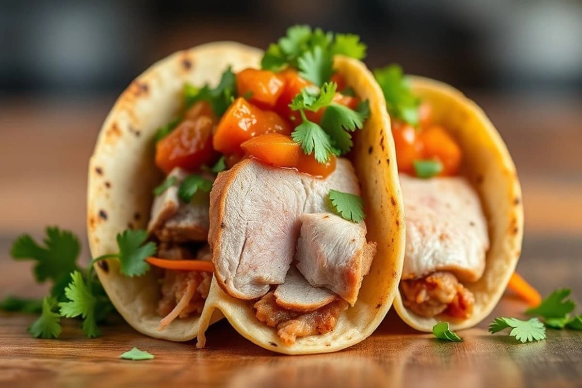 Tacos de cerdo marinado al vapor con salsa de tamarindo y cilantro fresco
