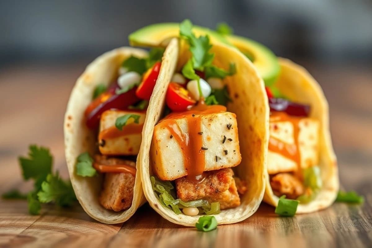 Tacos de Tofu y Soja con Salsa Teriyaki y Aguacate Rizado