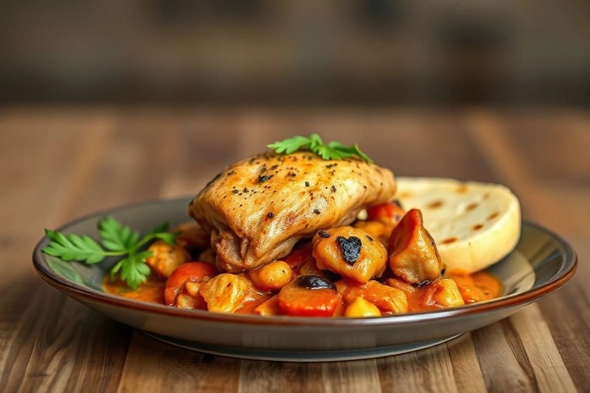 Tagine de Pollo Marroquí con Pastilla de Harira y Miga de Pan